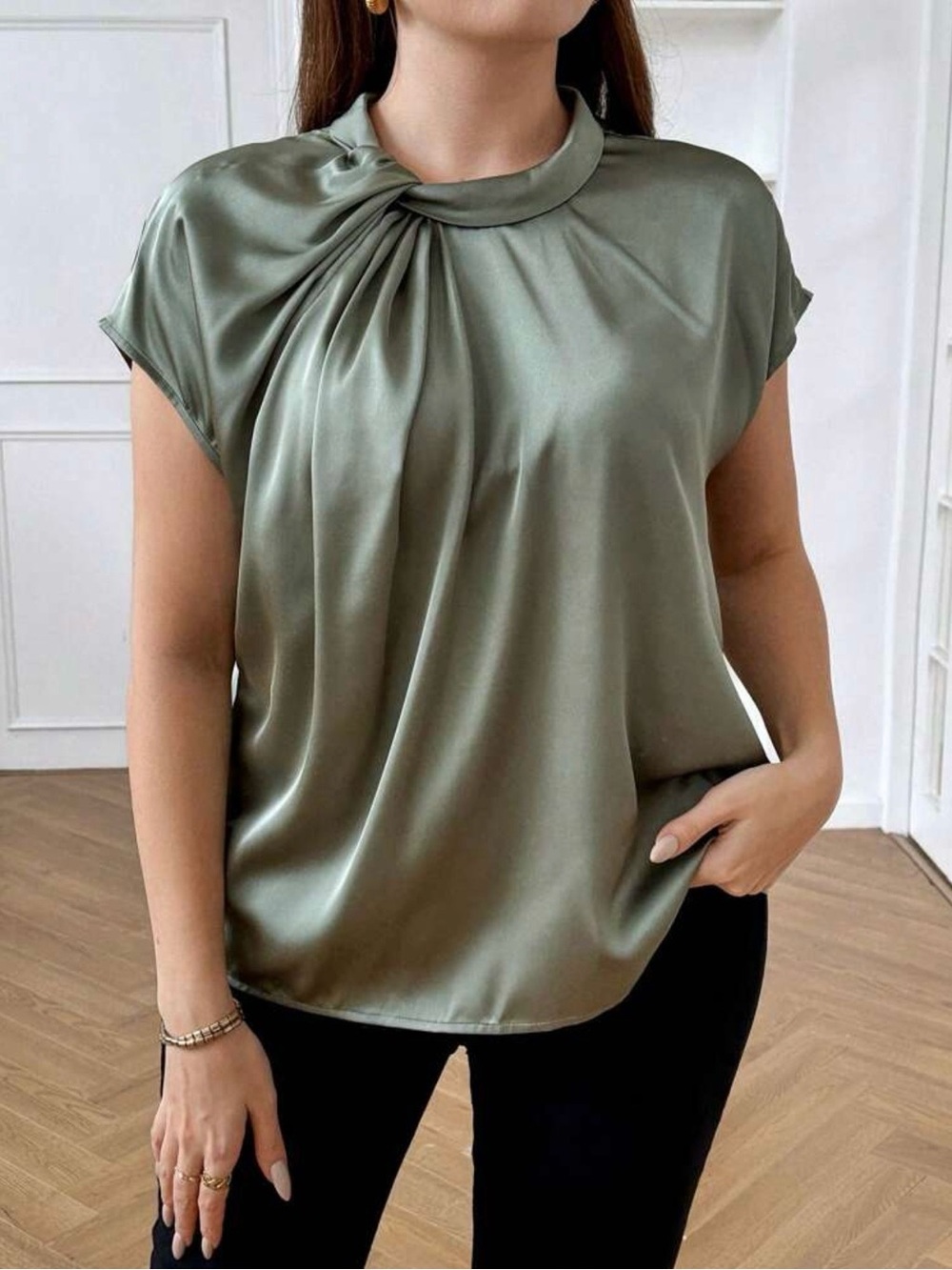 Satin Twist-Neck Green Women's Top